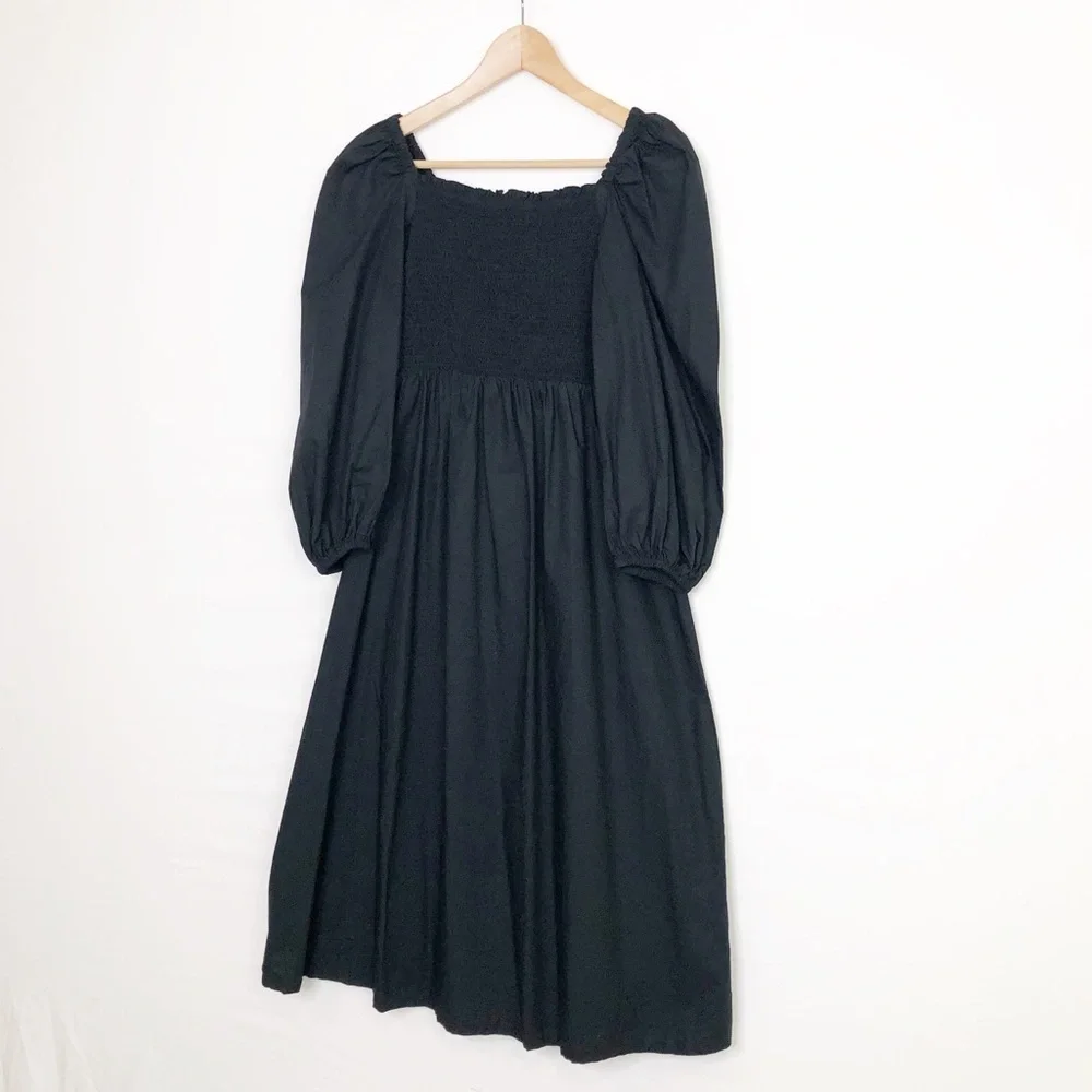 J Crew black smocked bodice puff sleeve, midi dress